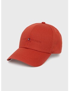 Памучна шапка Tommy Hilfiger в червено с изчистен дизайн