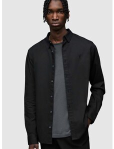 Риза AllSaints мъжка в черно със стандартна кройка с яка с копче