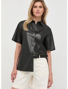 Риза BOSS дамска в черно със свободна кройка с класическа яка