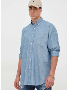 Памучна риза Polo Ralph Lauren мъжка в синьо със свободна кройка с яка с копче