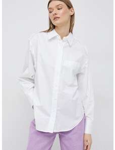 Памучна риза Calvin Klein дамска в бяло със свободна кройка с класическа яка