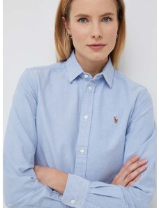 Памучна риза Polo Ralph Lauren дамска в синьо със стандартна кройка с класическа яка 211891377