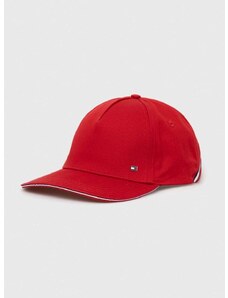 Памучна шапка с козирка Tommy Hilfiger в червено с изчистен дизайн