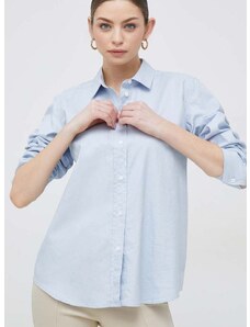Памучна риза Tommy Hilfiger дамска в синьо със стандартна кройка с класическа яка