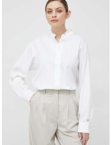 Памучна риза Tommy Hilfiger дамска в бяло със свободна кройка с права яка