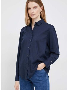 Памучна риза Tommy Hilfiger дамска в тъмносиньо със свободна кройка с класическа яка