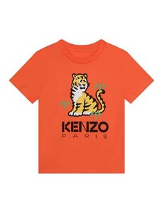 Детска памучна тениска Kenzo Kids в оранжево с принт