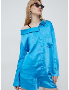 Риза HUGO дамска в синьо със свободна кройка с класическа яка