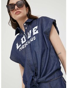 Памучна риза Love Moschino дамска в тъмносиньо със свободна кройка с класическа яка