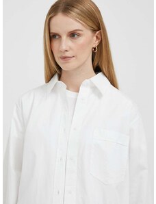 Памучна риза Tommy Hilfiger дамска в бяло със свободна кройка с класическа яка
