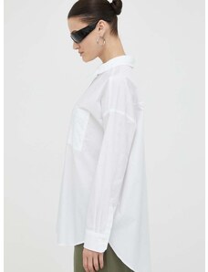 Памучна риза Drykorn дамска в бяло със свободна кройка с класическа яка