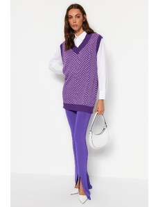 Trendyol лилаво райета v-образно деколте трикотаж пуловер