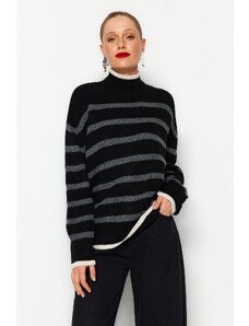 Trendyol черен широк годни райета трикотаж пуловер