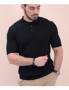 AVIV Плетена мъжка тениска с яка от памук в черно