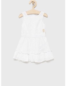 Детска памучна рокля Guess в бяло къс модел разкроен модел