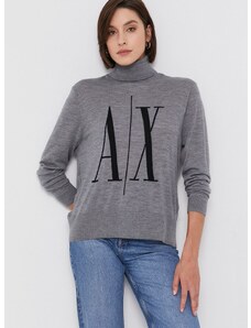 Вълнен пуловер Armani Exchange дамски в сиво от лека материя с поло