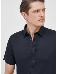 Риза Armani Exchange мъжка в тъмносиньо с кройка по тялото с класическа яка