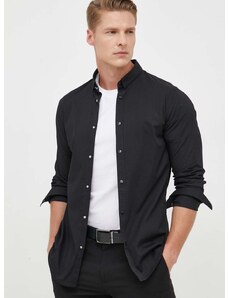 Риза Armani Exchange мъжка в черно с кройка по тялото с яка с копче