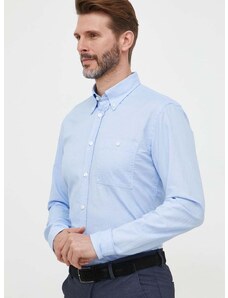 Памучна риза BOSS мъжка в синьо с кройка по тялото с яка с копче