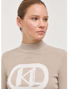 Пуловер Karl Lagerfeld дамски в бежово от лека материя с ниско поло