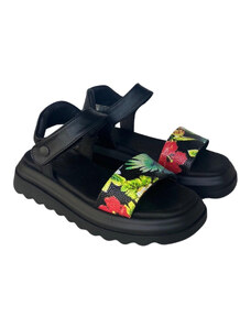 NAZAZU Дамски сандали от естествена кожа - черни с флорални мотиви