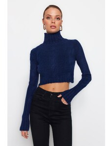 Trendyol флот синьо изрязване меки текстурирани трикотаж пуловер
