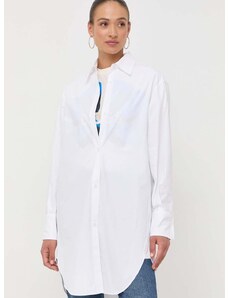 Памучна риза BOSS дамска в бяло със свободна кройка с класическа яка