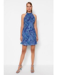 Trendyol синьо високо деколте отпечатани тъкани тъкани рокля