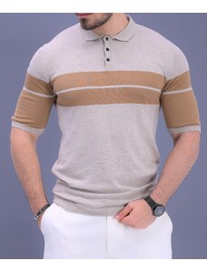 AVIV Мъжка плетена тениска с яка в бежов цвят на кафяви ленти