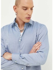Памучна риза HUGO мъжка в синьо с кройка по тялото с класическа яка