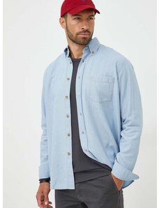Дънкова риза BOSS ORANGE мъжка в синьо със свободна кройка с яка с копче