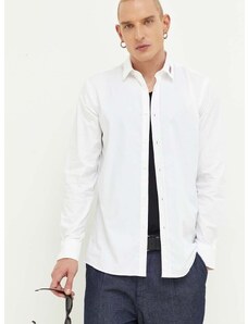 Памучна риза HUGO мъжка в бяло с кройка по тялото с класическа яка