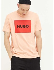 Памучна тениска HUGO в розово с принт 50467952