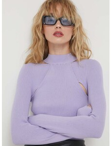 Пуловер HUGO дамски в лилаво от лека материя с ниско поло