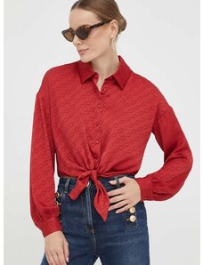 Риза Guess дамска в червено със свободна кройка с класическа яка