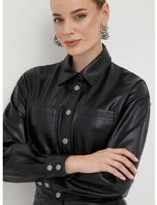 Риза Guess дамска в черно със свободна кройка с класическа яка
