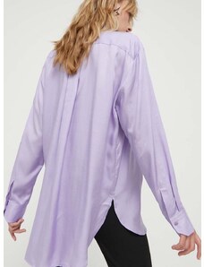 Риза HUGO дамска в лилаво със свободна кройка с класическа яка