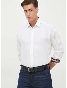 Памучна риза BOSS мъжка в бяло със свободна кройка с класическа яка