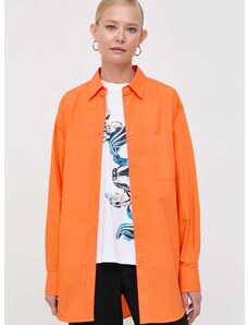 Памучна риза BOSS дамска в оранжево със стандартна кройка с класическа яка