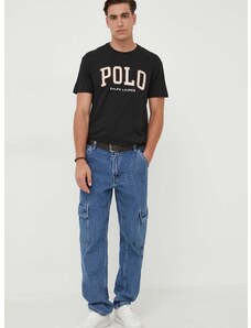Памучна тениска Polo Ralph Lauren в черно с апликация