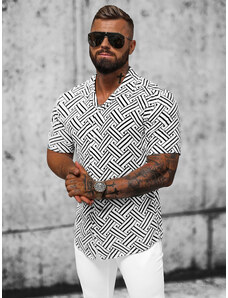 Мъжка риза с къс ръкав бяло-черна OZONEE E/1400/225Z