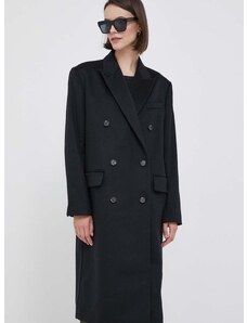 Вълнено палто Calvin Klein в черно преходен модел с двуредно закопчаване