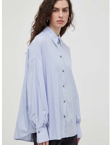 Памучна риза Drykorn дамска в синьо със свободна кройка с класическа яка