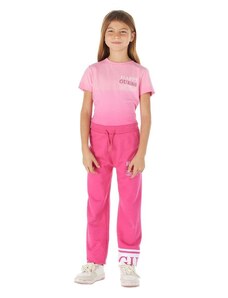 Детски памучен спортен панталон Guess в розово с принт