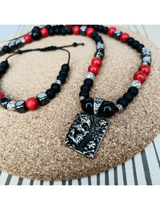 NAZAZU Сет бижута от естествени камъни в черно и червено от Оникс, Хаулит и Хаметит с череп