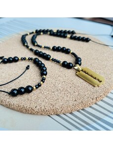 NAZAZU Дизайнерски сет бижута от естествени камъни в черно и златно от Оникс, кристали и мед. стомана
