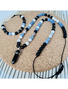 NAZAZU Дизайнерски сет бижута от естествени камъни в синьо, черно и бяло с Яспис, Оникс и Лабрадорит