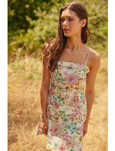 Trendyol Ecru колан мини тъкани флорални тъкани рокля