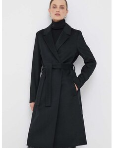 Вълнено палто Calvin Klein в черно преходен модел с двуредно закопчаване
