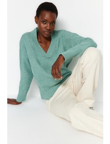 Trendyol мента мека текстурирани v-образно деколте трикотаж пуловер